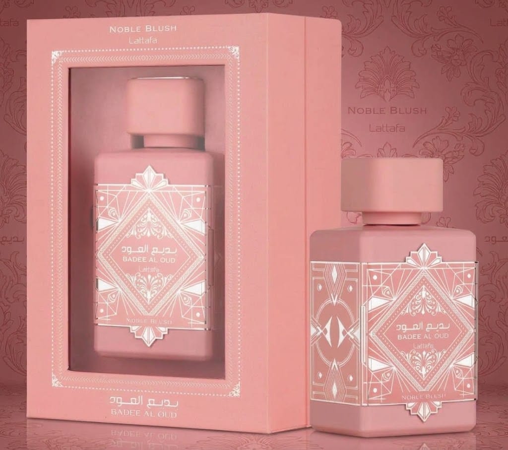 Luxury Badee Al Oud Noble Blush perfume by Lattafa in pink packaging
