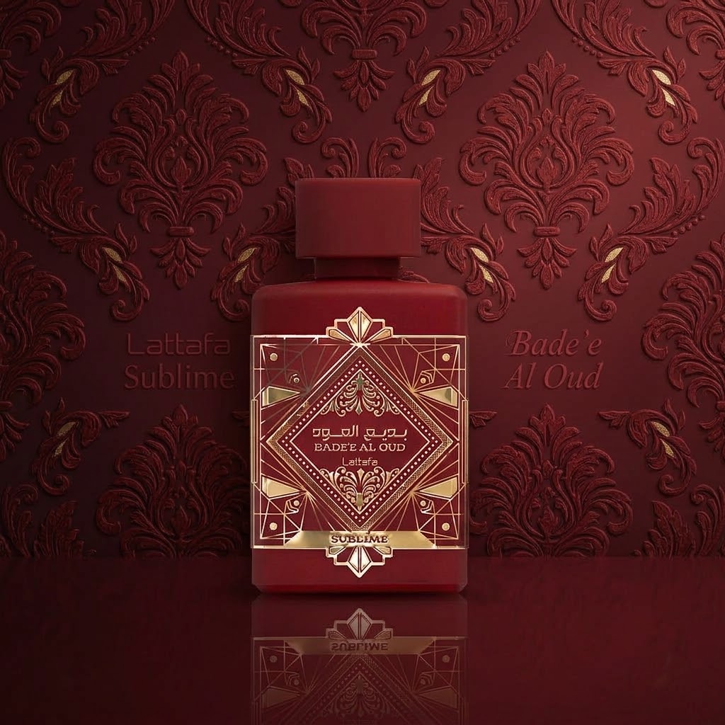 Lattafa Badee Al Oud Sublime Eau de Parfum red bottle with gold detailing
