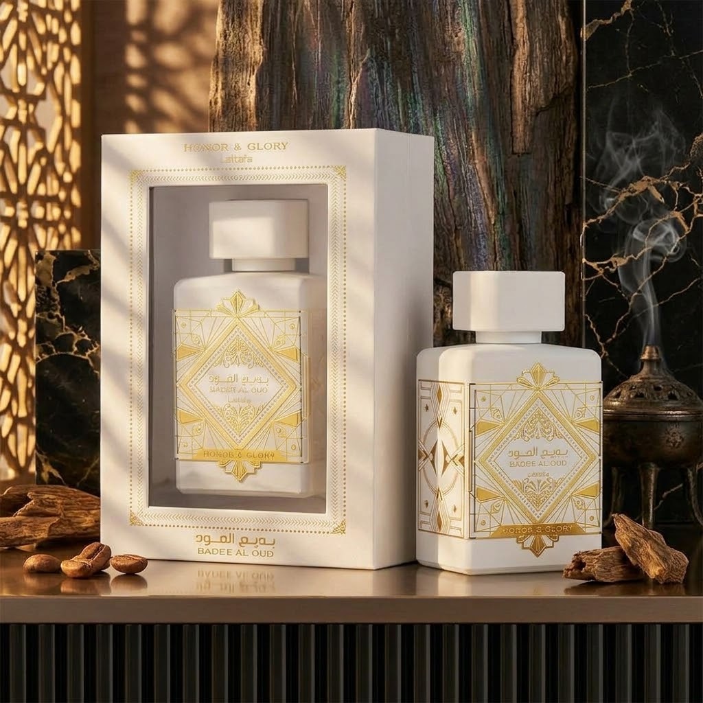A luxury perfume set from Bader Al-Oud, featuring a white gift box 