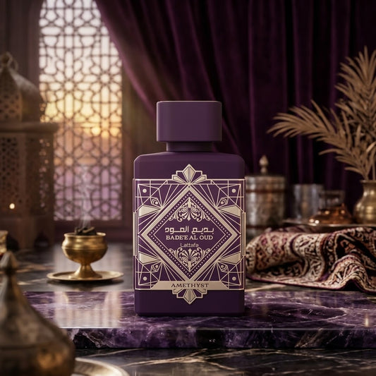 Lattafa Bade'e Al Oud Amethyst perfume bottle