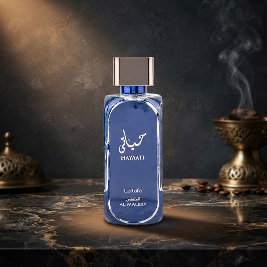 Lattafa Hayaati Al Maleky blue Eau de Parfum perfume bottle