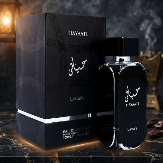 Lattafa Hayaati Eau de Parfum 100ml bottle and black perfume box