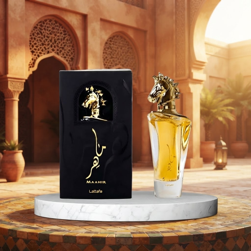 Lattafa Maahir Eau de Parfum bottle and box with gold horse head design
