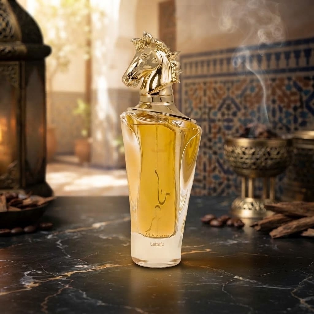 Lattafa Maahir Eau de Parfum bottle with elegant gold horse head cap design