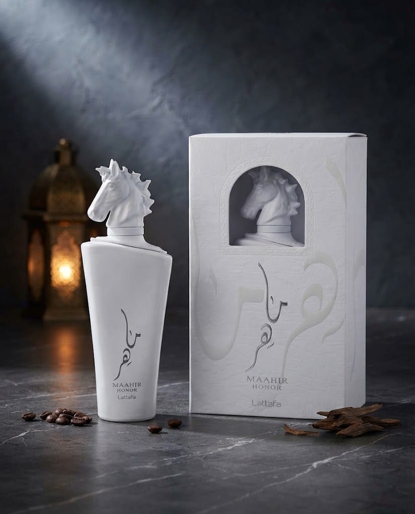 Lattafa Maahir Honor Eau de Parfum white bottle and matching perfume box
