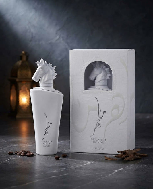 Lattafa Maahir Honor Eau de Parfum white bottle and matching perfume box