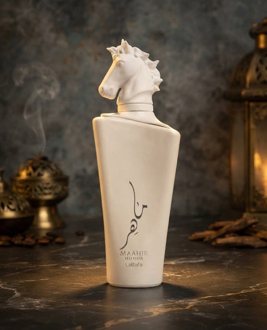Lattafa Maahir Honor Eau de Parfum white bottle with horse head cap