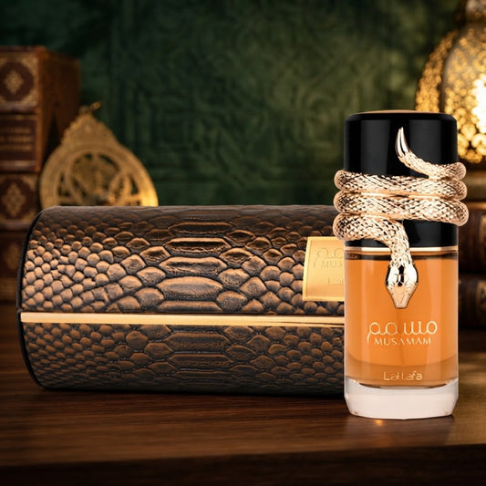 Lattafa Musamam Eau de Parfum bottle and textured perfume box