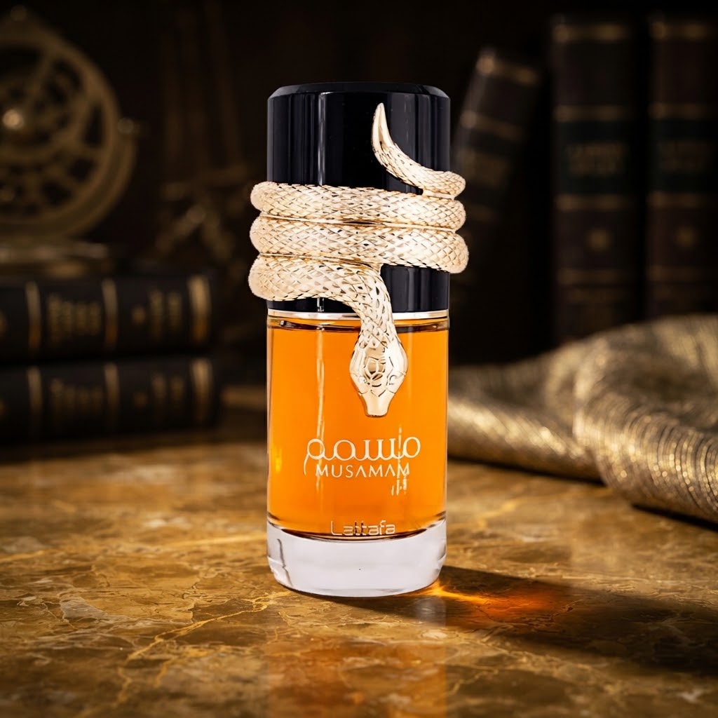Lattafa Musamam Eau de Parfum bottle with snake-inspired cap design