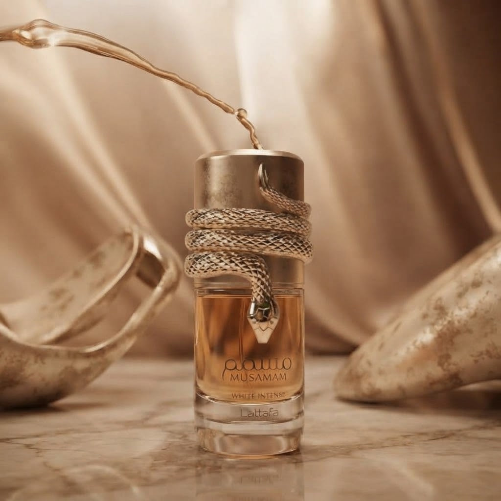 Lattafa Musamam White Intense Eau de Parfum bottle with snake-inspired design