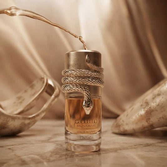 Lattafa Musamam White Intense Eau de Parfum bottle with snake-inspired design