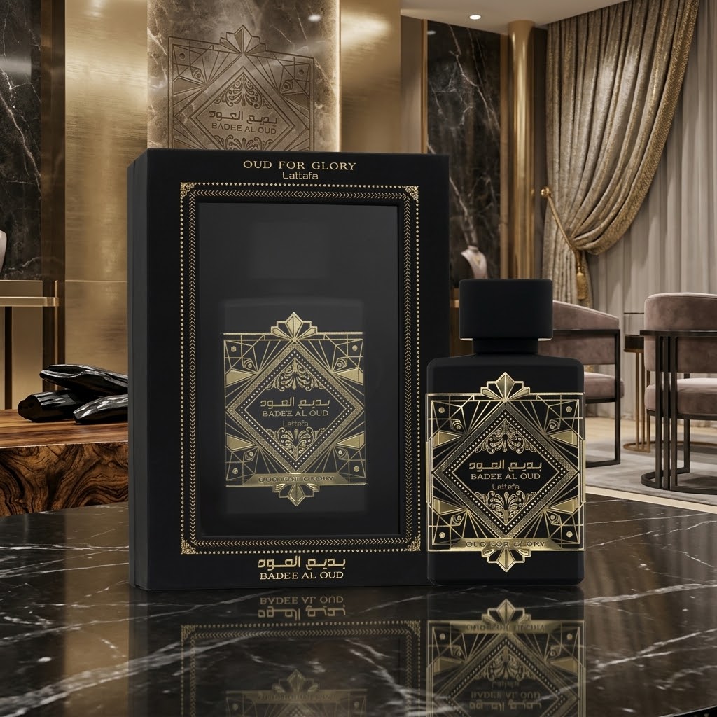 Lattafa Badee Al Oud Oud for Glory luxury oud fragrance bottle