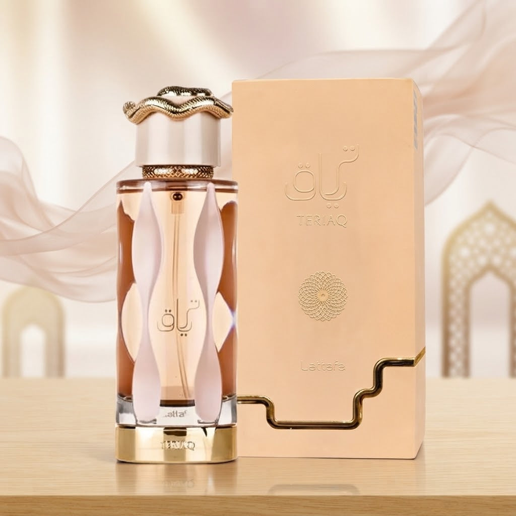 Lattafa Teriaq Eau de Parfum bottle and matching beige perfume box