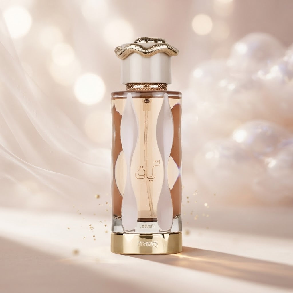 Lattafa Teriaq Eau de Parfum bottle with elegant gold and white design