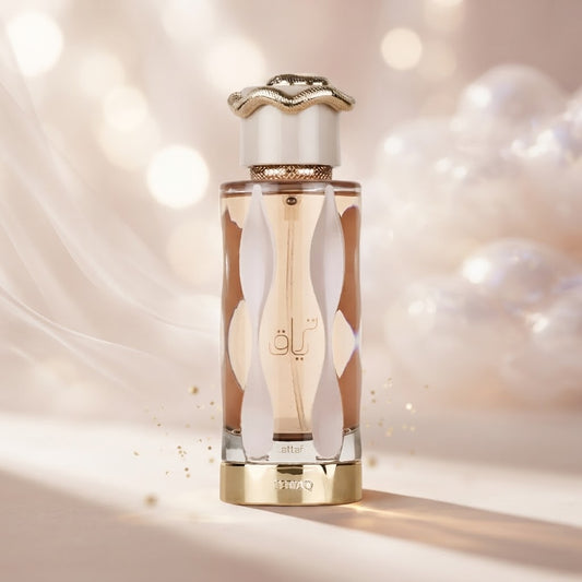 Lattafa Teriaq Eau de Parfum bottle with elegant gold and white design