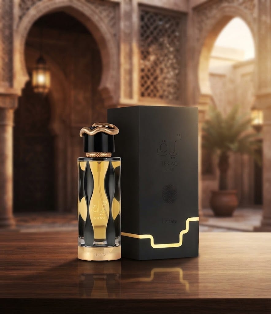 Lattafa Teriaq Intense Eau de Parfum bottle and black perfume box