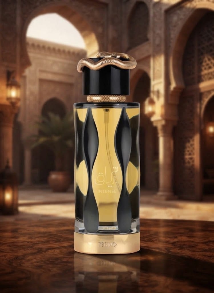 Lattafa Teriaq Intense Eau de Parfum bottle with gold snake-inspired cap