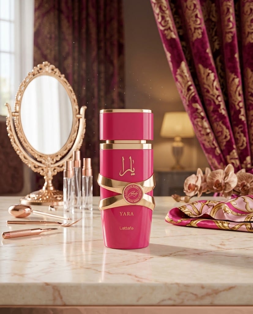 Lattafa Yara Eau de Parfum pink bottle with gold detailing for women