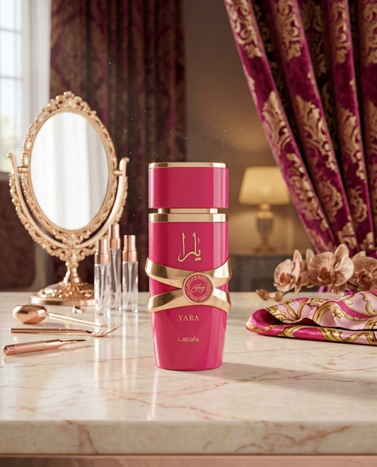 Lattafa Yara Eau de Parfum pink bottle with gold detailing for women