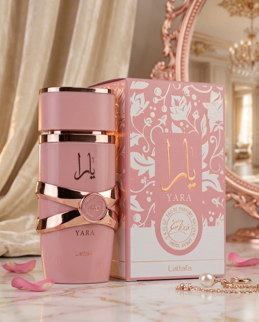 Lattafa Yara Glow Eau de Parfum pink bottle with matching presentation box for women