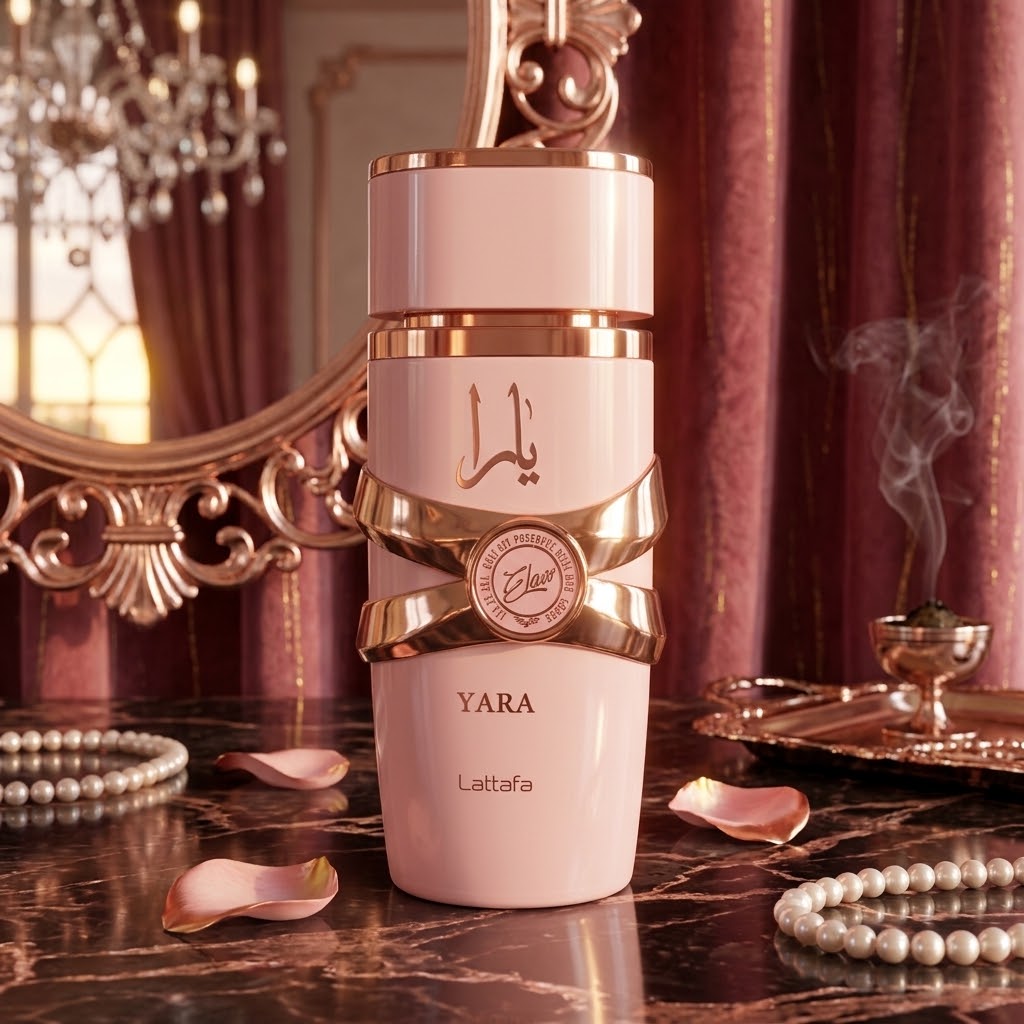 Lattafa Yara Glow Eau de Parfum pink bottle with gold detailing for women