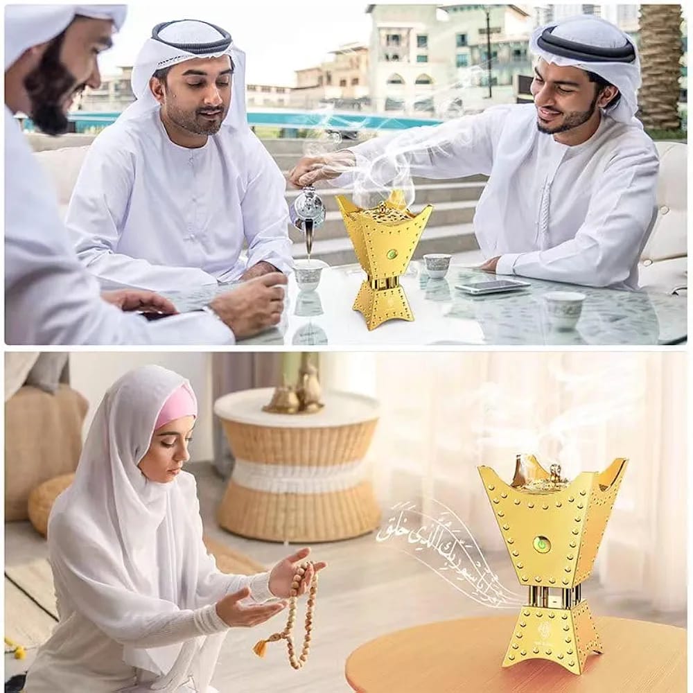 Two men in traditional attire sitting at a table with a golden lamp, followed by a woman in a hijab holding prayer beads.