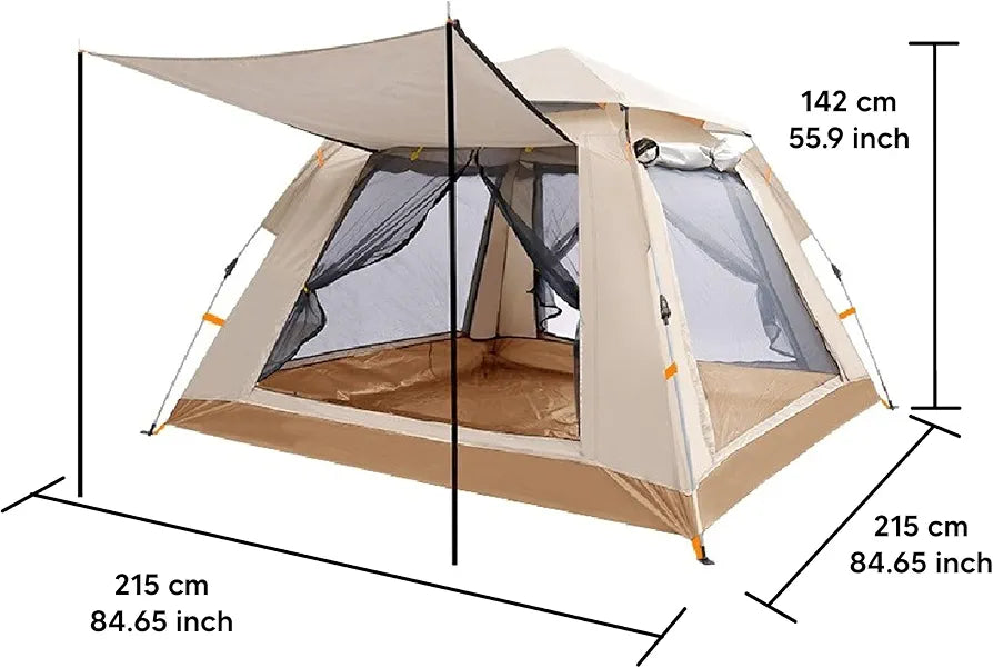 A beige and brown camping tent with a built-in rainfly and mesh windows, shown with dimension lines and text indicating measurements of 215 cm by 142 cm.
