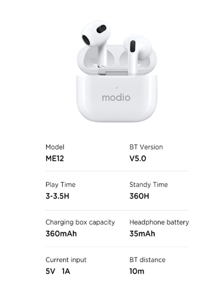 White wireless earbuds in an open charging case with the brand name 'modio' printed on the front, above a spec list showing model ME12, BT Version V5.0, play time 3-3.