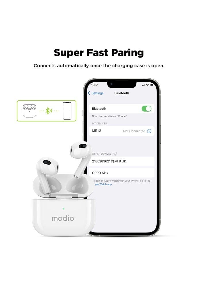 White modio wireless earbuds in their charging case, shown next to a smartphone displaying Bluetooth settings with the text 'Super Fast Paring' above, on a clean white background.