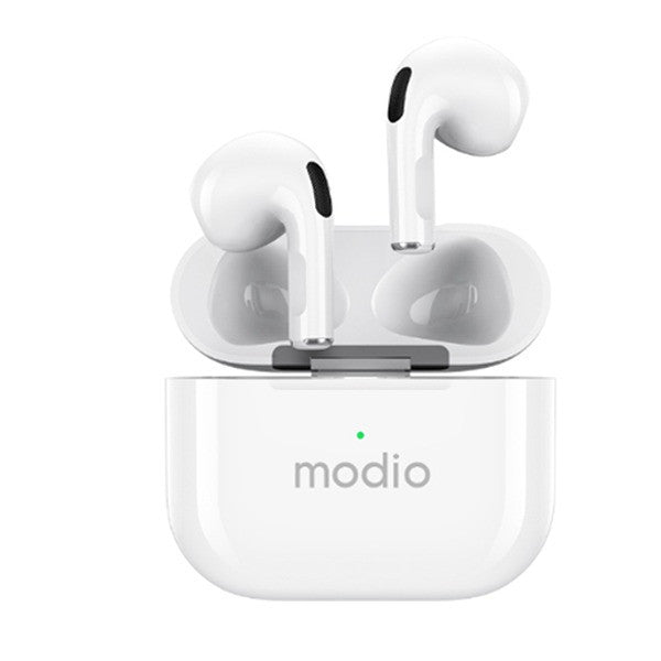 White wireless earbuds in an open charging case with the modio logo on a clean white background.