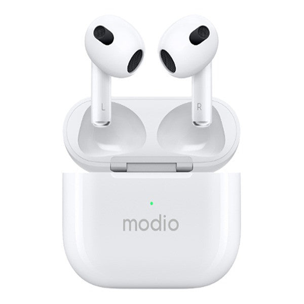 White wireless earbuds in an open charging case with the brand name 'modio' printed on the front, set against a plain white background.