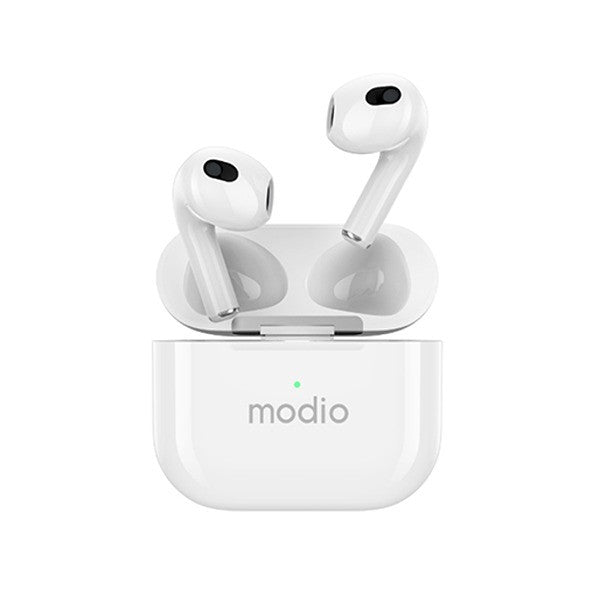 White wireless earbuds in an open charging case with the brand name 'modio' printed on the front, set against a plain white background.
