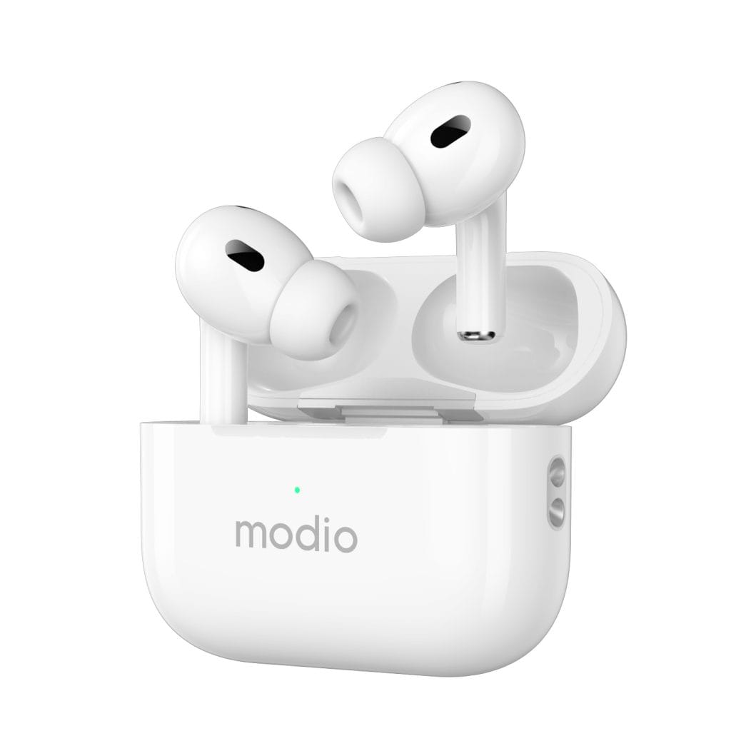 White wireless earbuds in an open charging case with the brand name 'modio' printed on the front, set against a plain white background.