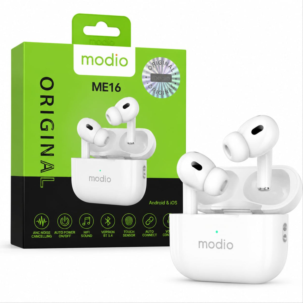 White modio ME16 wireless earbuds in an open charging case shown next to their green and black retail packaging box on a white background.