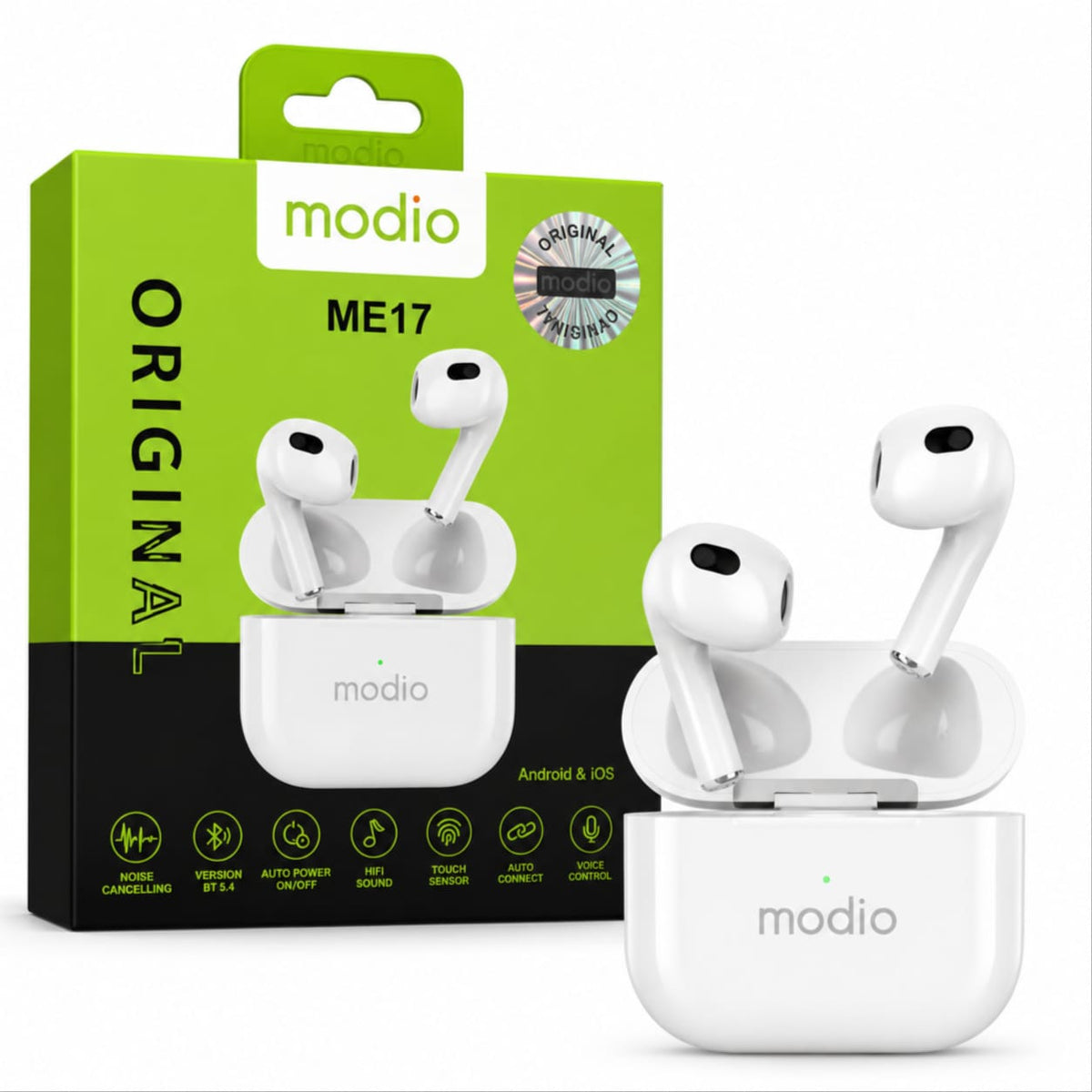 Modio ME17 Bluetooth 5.4 wireless earbuds in white with box