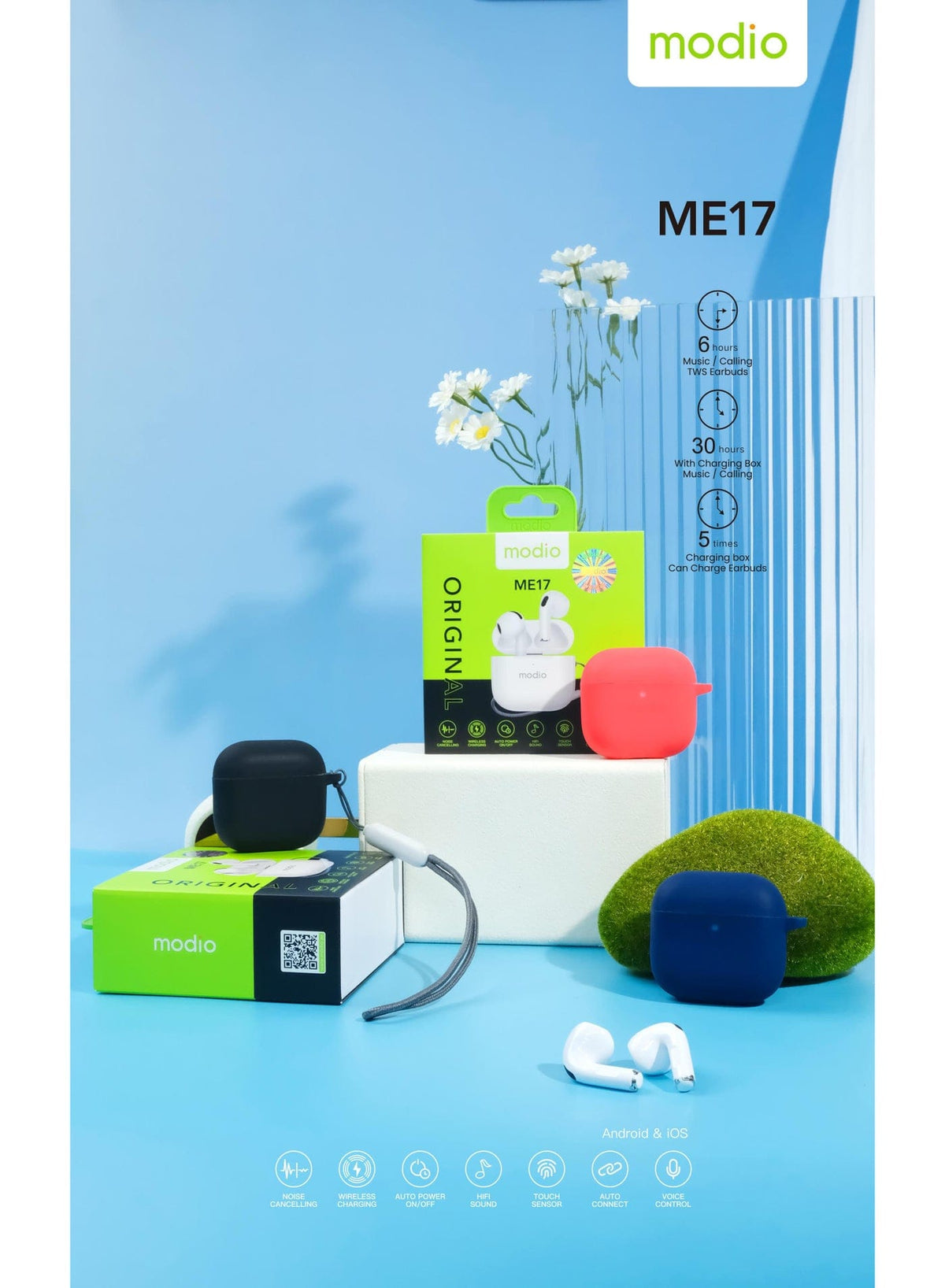 Modio ME17 white wireless earbuds with charging case