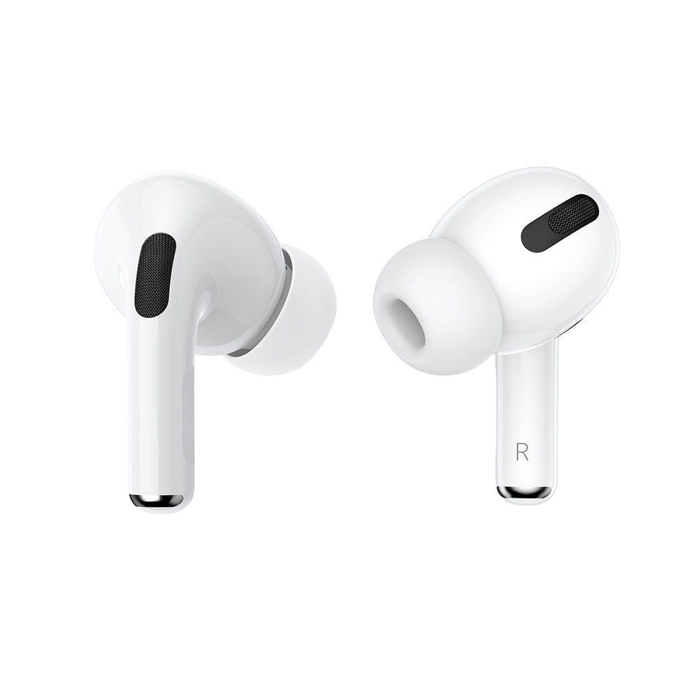 A pair of white wireless earbuds with black accents, shown from front and side angles on a solid white background.