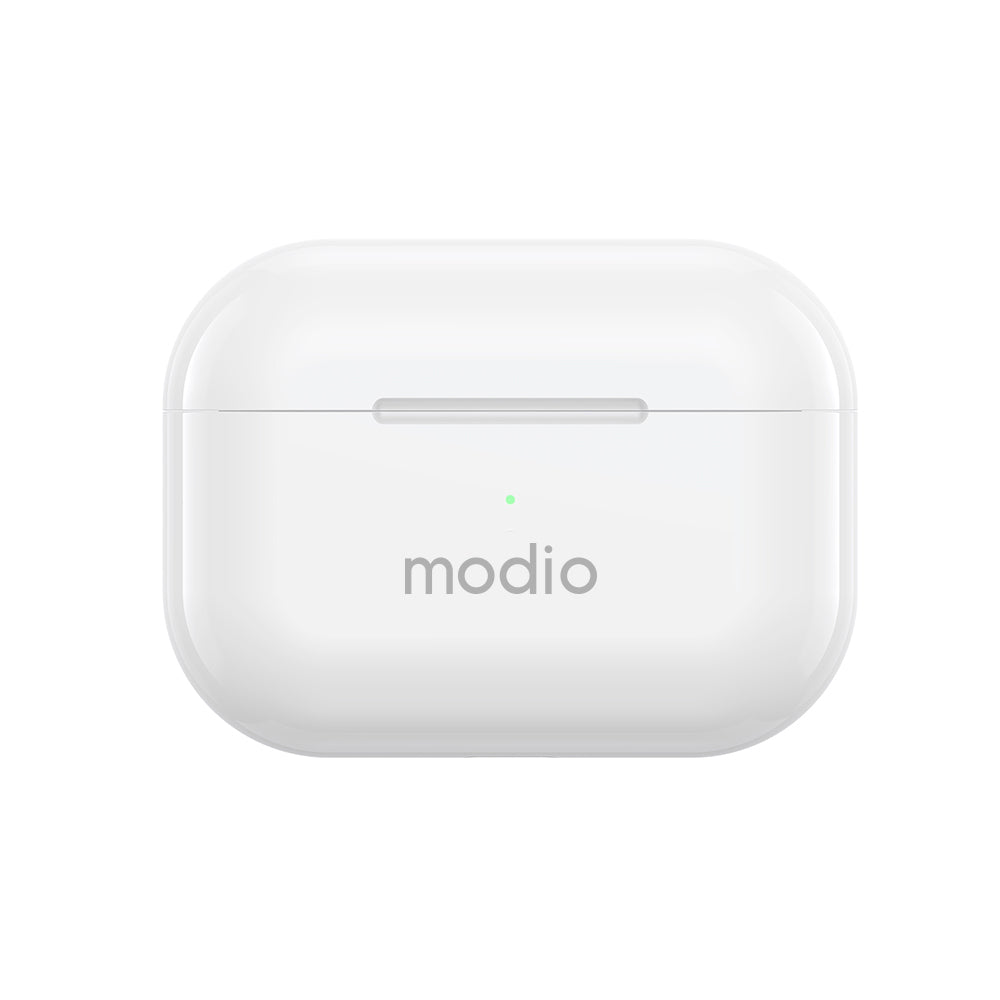 A white wireless earbud charging case with the 'modio' brand name printed in gray on the front, set against a solid white background.