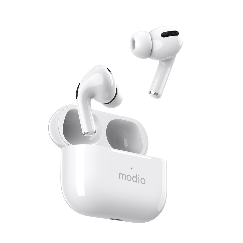 White wireless earbuds with a matching charging case on a clean white background.