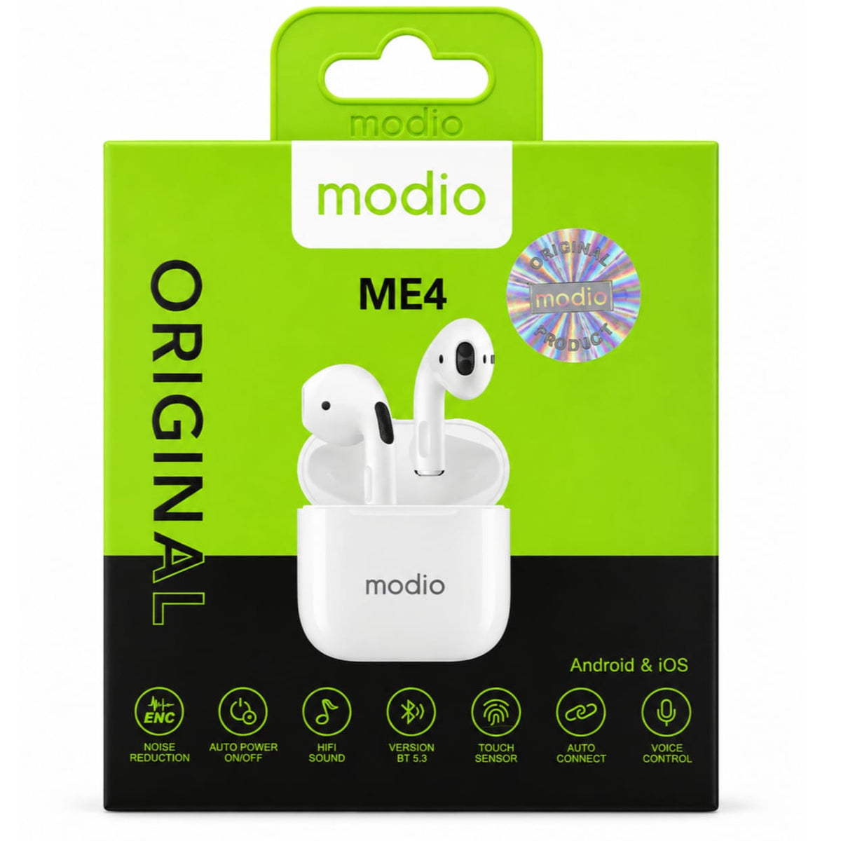 Modio ME4 Original true wireless earbuds retail packaging, featuring a bright lime green and black box with a graphic of the white earbuds in their charging case.