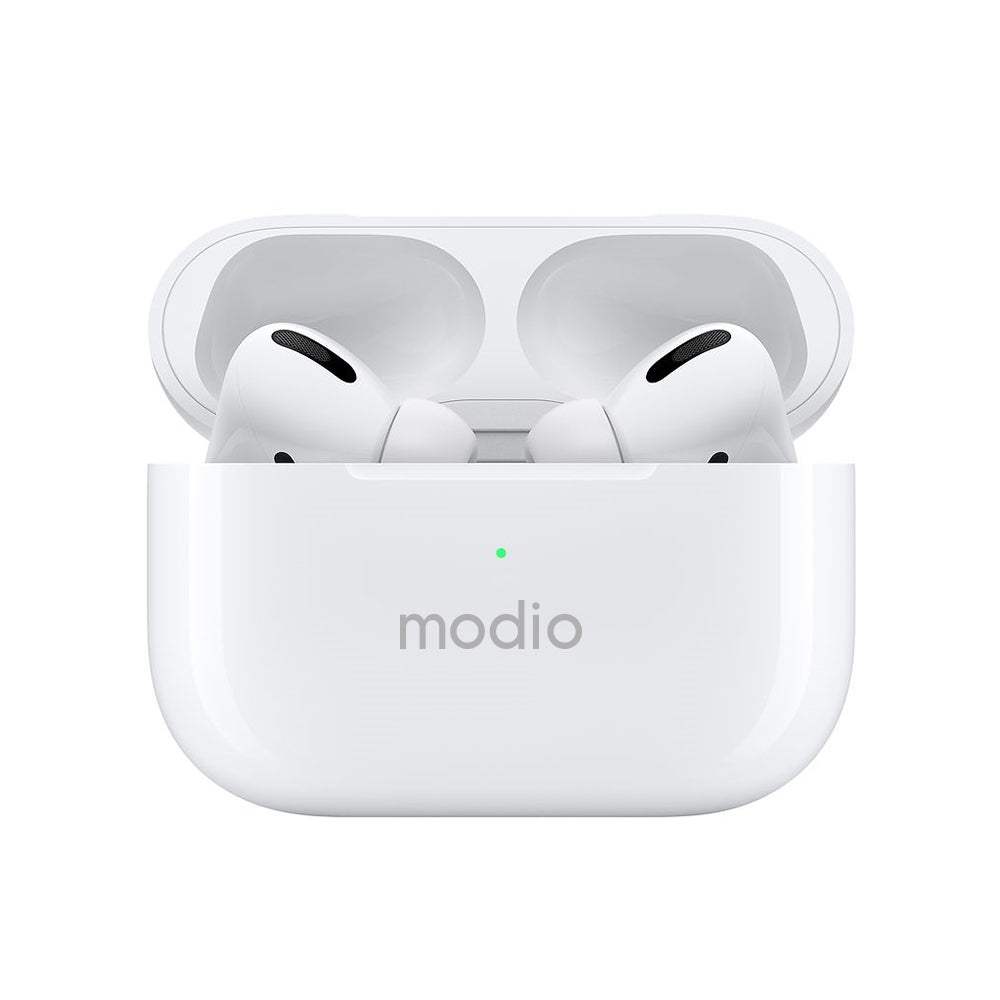 White wireless earbuds in an open charging case with the brand name 'modio' printed on the front, shown on a clean white background.