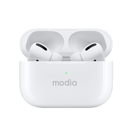 White wireless earbuds in an open charging case with the brand name 'modio' printed on the front, shown on a clean white background.
