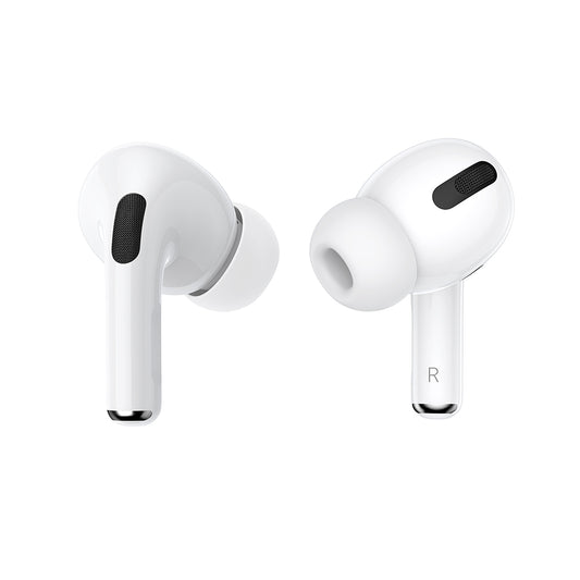 A pair of white wireless earbuds with black accents, shown from front and side angles on a solid white background.