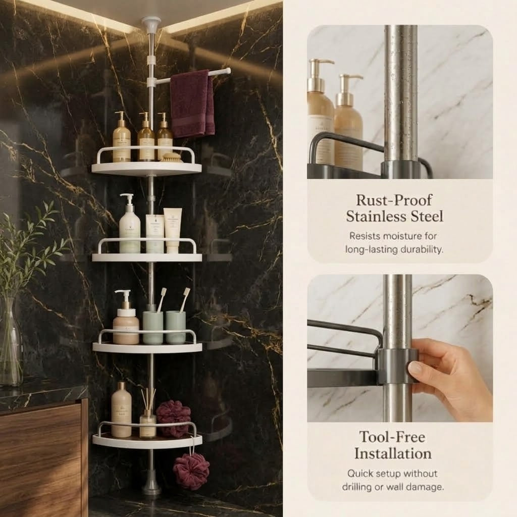 A 4-tier corner shower shelf set in a dark marble bathroom, shown alongside feature callout panels highlighting rust-proof stainless steel construction and tool-free installation.