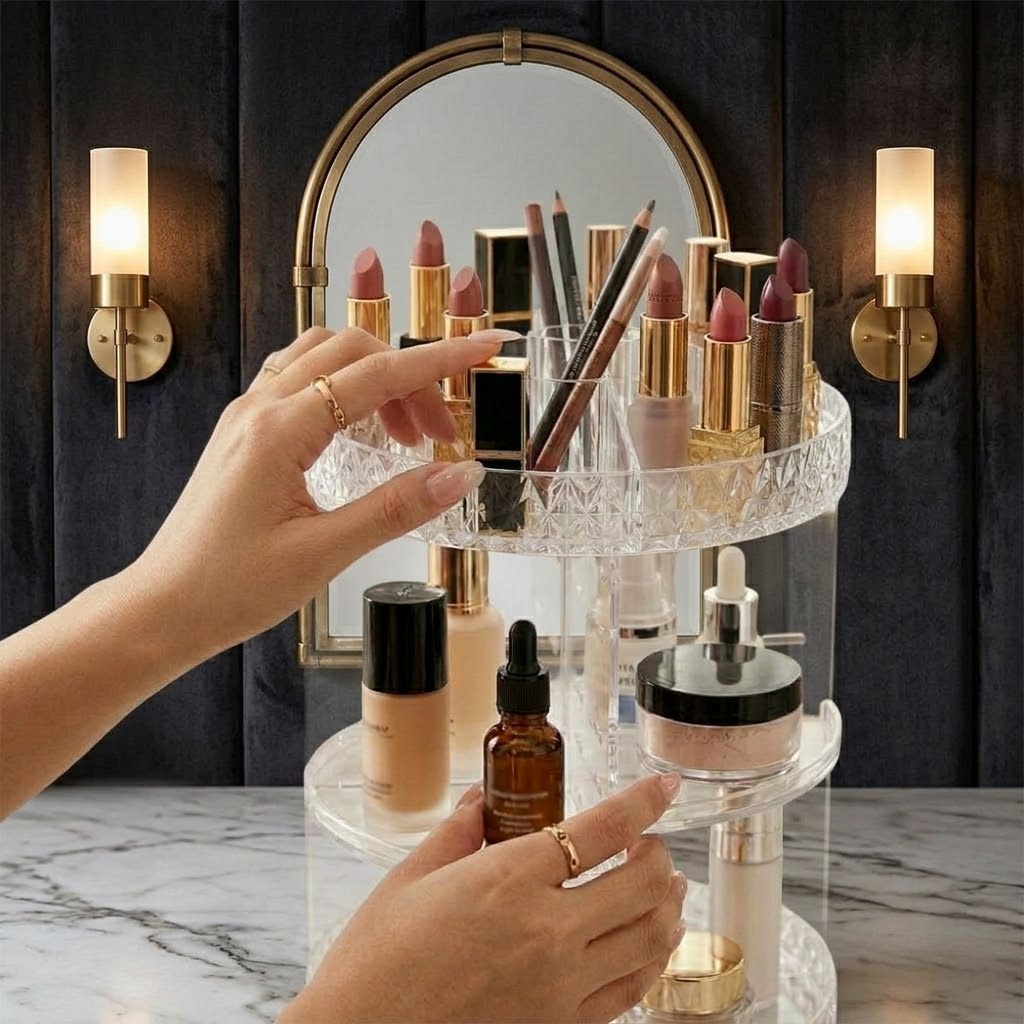 A clear acrylic rotating makeup organizer on a marble countertop, with two hands arranging cosmetics inside. The organizer holds lipsticks, pencils, and bottles, set against a dark wood-paneled wall with wall sconces and a round mirror.