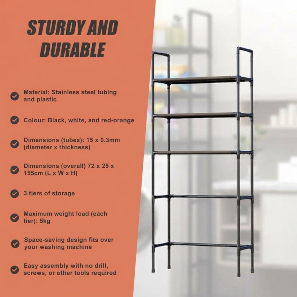 A tall black metal shelving unit with three tiers of storage, shown next to an orange text panel detailing its features, including material, color, dimensions, and capacity.