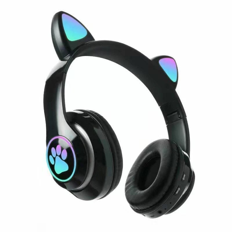 Black headphones with cat ear design and glowing paw logo on a white background