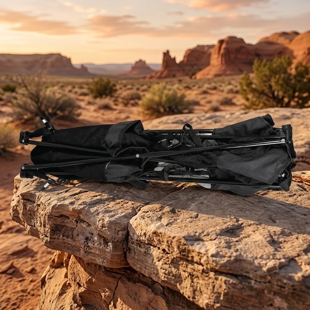 Black outdoor camping table featuring an integrated ice cooler, drink holders, and folding frame