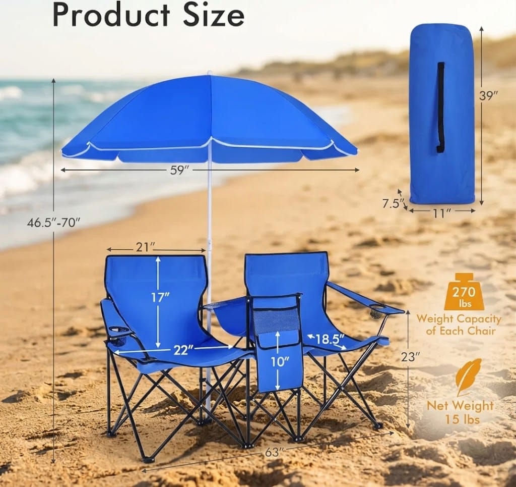 Two-person blue beach chair with sun canopy, cup holders, and folding metal frame