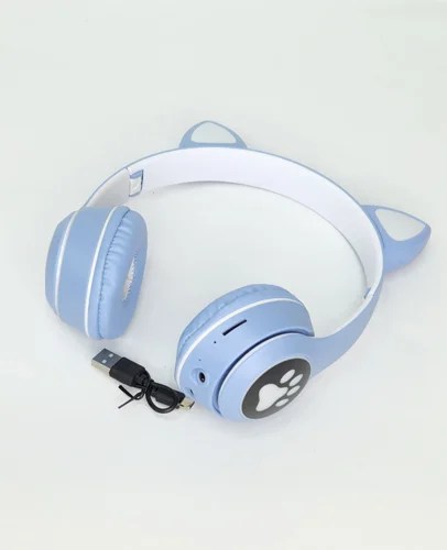 Pastel blue headphones with cat ear design on a white background